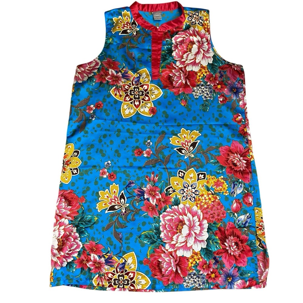 Natori Mini Satin Shift Dress L Oriental Floral Asian Chinoiserie Resort Lounge